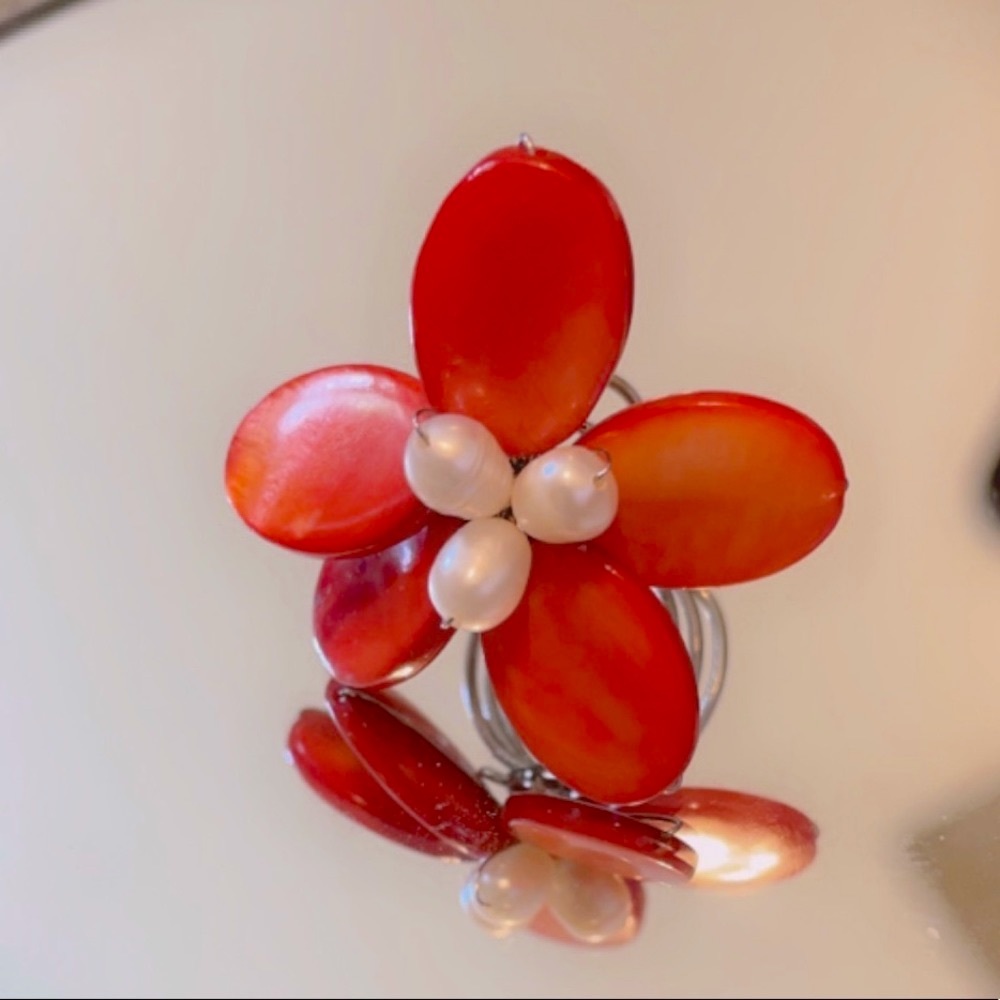 Flower Ring Orange Beads Adjustable